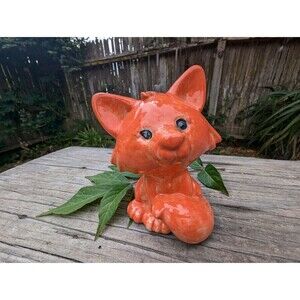 Vintage Ceramic Fox Figurine, Retro Orange Decor
